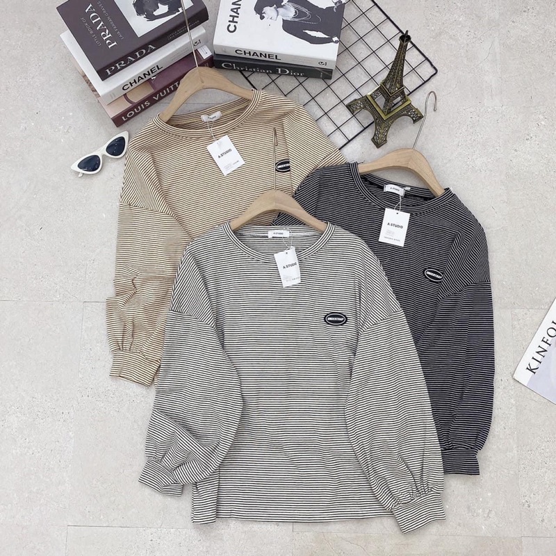 [ CÓ ẢNH THẬT + VIDEO TỰ QUAY ] Áo Dài Tay Kẻ Ngang Tay Ống Bo Chất Nỉ Dày Dặn Hàng Đẹp Loại 1 | BigBuy360 - bigbuy360.vn