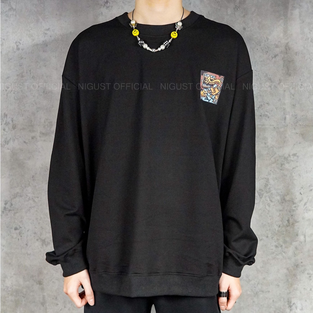 Áo sweater nam nữ local brand NIGUST Escape at Night N208 chất liệu nỉ da cá form rộng màu đen trắng Fullbox