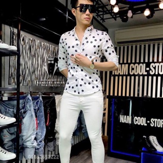 Áo somi nam lụa chấm bi. Chất vải đẹp
