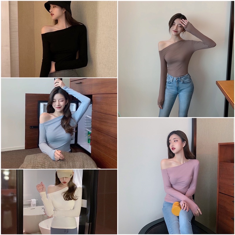 Áo thun lệch vai dài tay nữ ôm body sexy phong cách mùa thu 2022