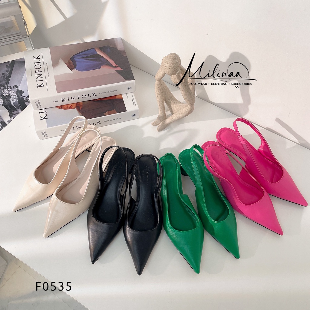 GIÀY CAO GÓT NỮ SLINGBACK GÓT NÓN CỤT 4P BÍT MŨI DÀI HẬU HỞ GÓT THUN F0535