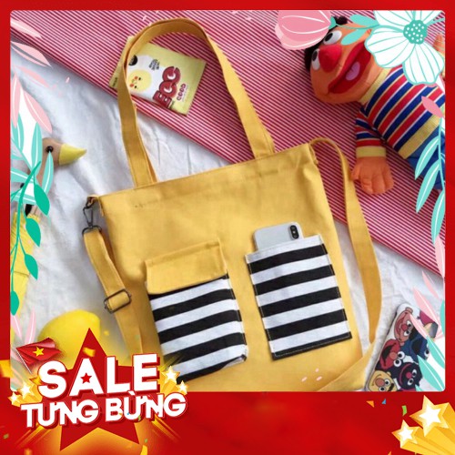 [FREE SHIP]  Túi Tote Đeo 2 Kiểu - 2 Túi Sọc - Q.ỉn Store - Q.ỉn Store