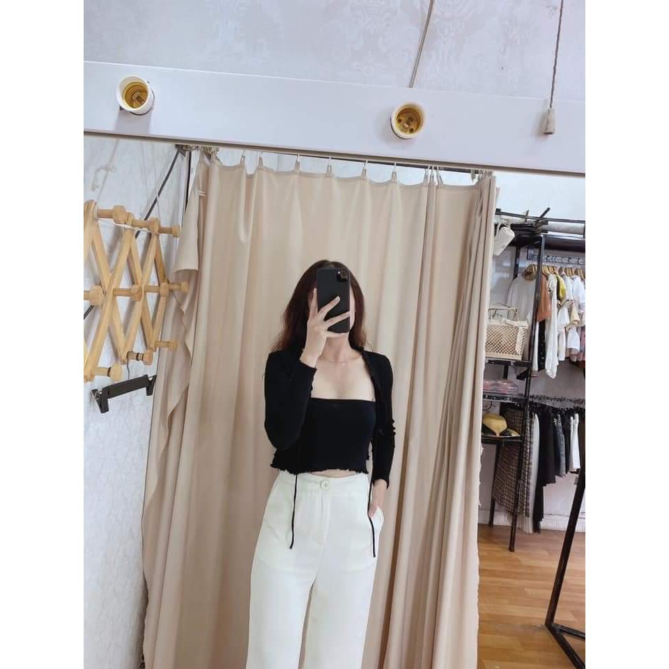 ❤ Mẫu Mới Giá Xưởng ✔  Set Cardigan Tăm Mỏng + Áo Quây Nữ Đen Trắng - Croptop Thiết Kế Dây Viền Bèo Tiểu Thư Ulzzang - S