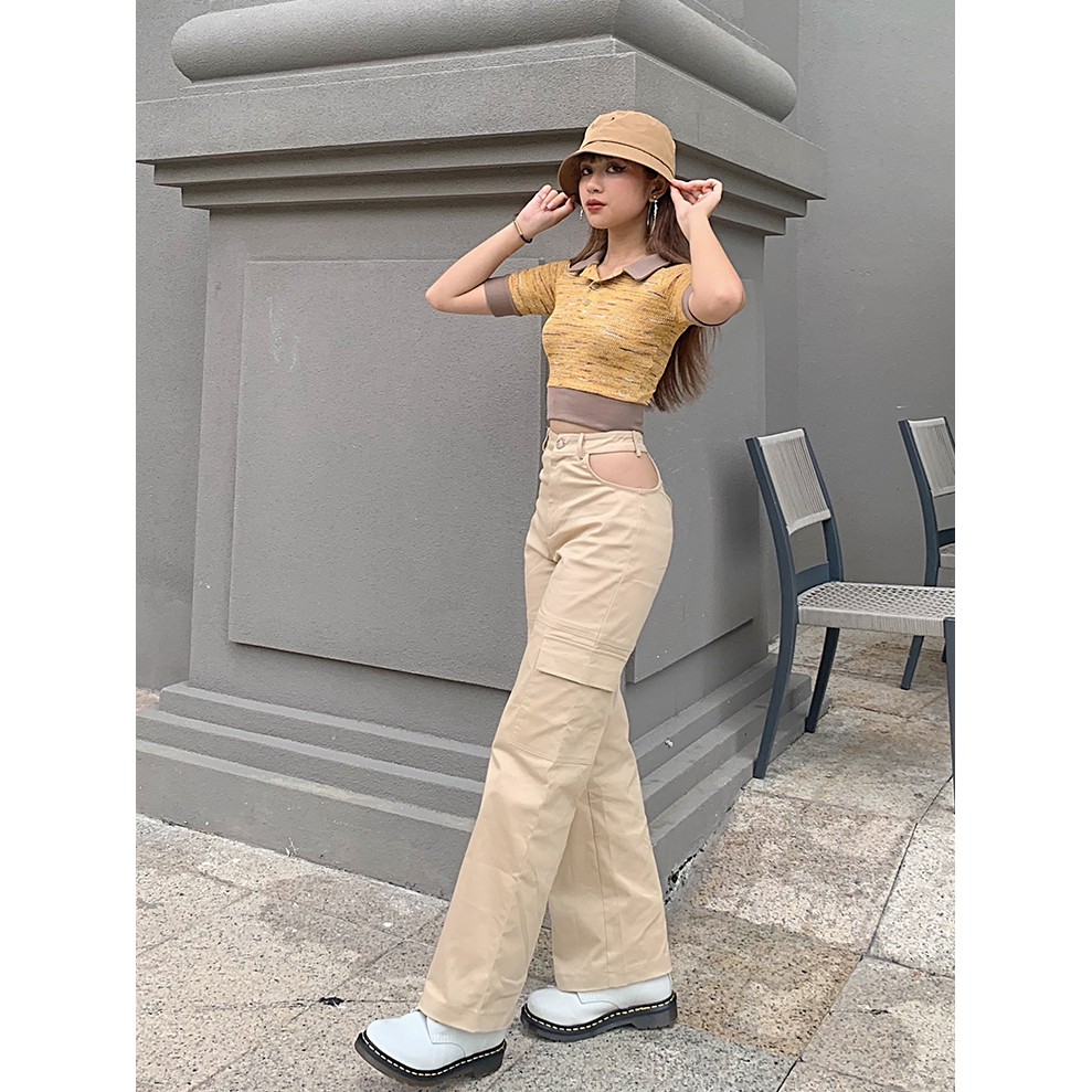 Áo polo croptop hở vai độc đáo be nữ BLMDE | BigBuy360 - bigbuy360.vn