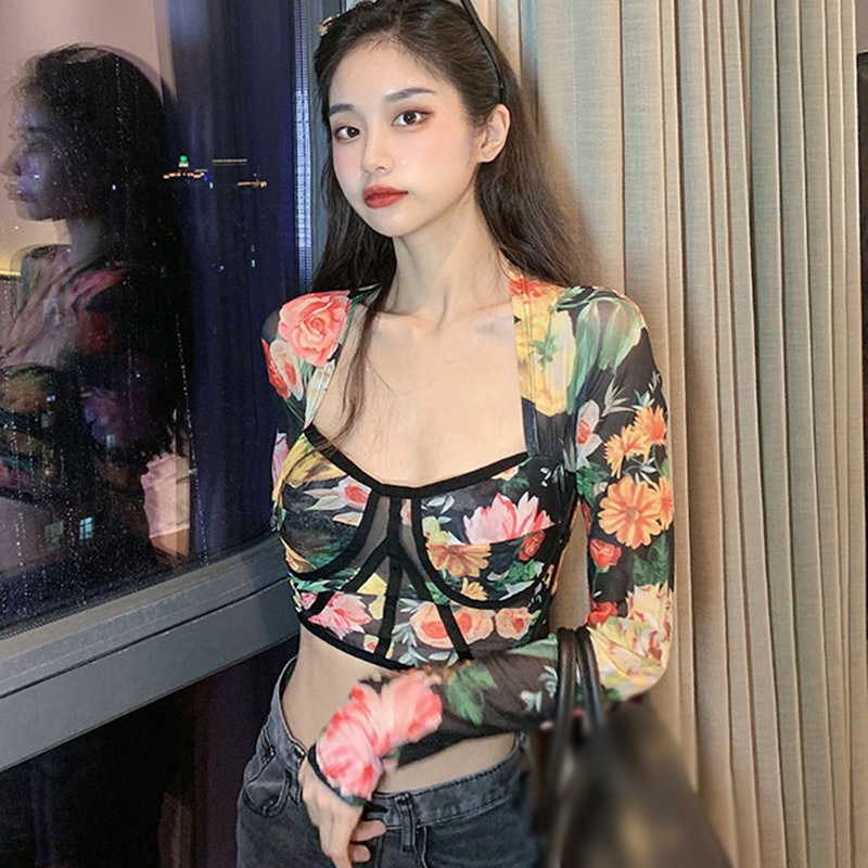 Áo Thun Tay Dài Họa Tiết Hoa Thời Trang Cho Nữ