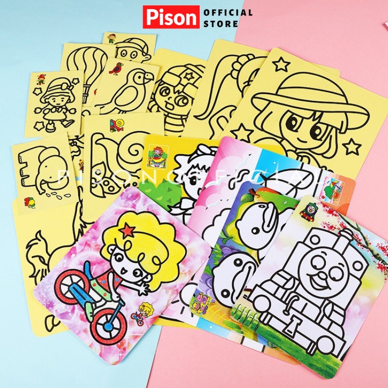 Tranh Cát cho bé tập tô màu Pison nhiều hình kèm cho bé yêu hội họa - 01 cái