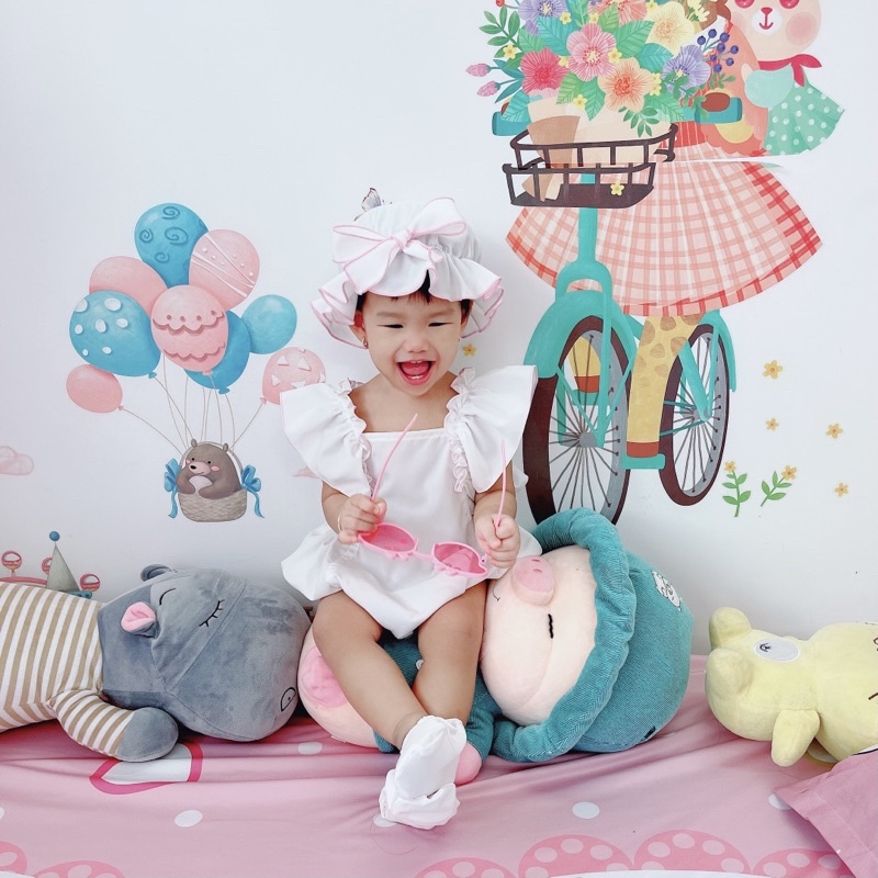 Body Trắng Viền Hồng Bé Gái 3 Đến 12kg, Bodysuit Kèm Nón Và Giày Vải Cho Bé [A053]