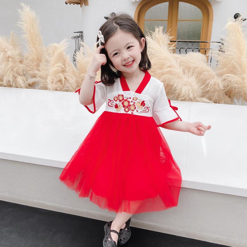 Đầm Công Chúa Hán Phục Tay Ngắn Phối Lưới Voan Thời Trang Mùa Hè 2022 Mới Phong Cách Trung Hoa Cho Bé Gái