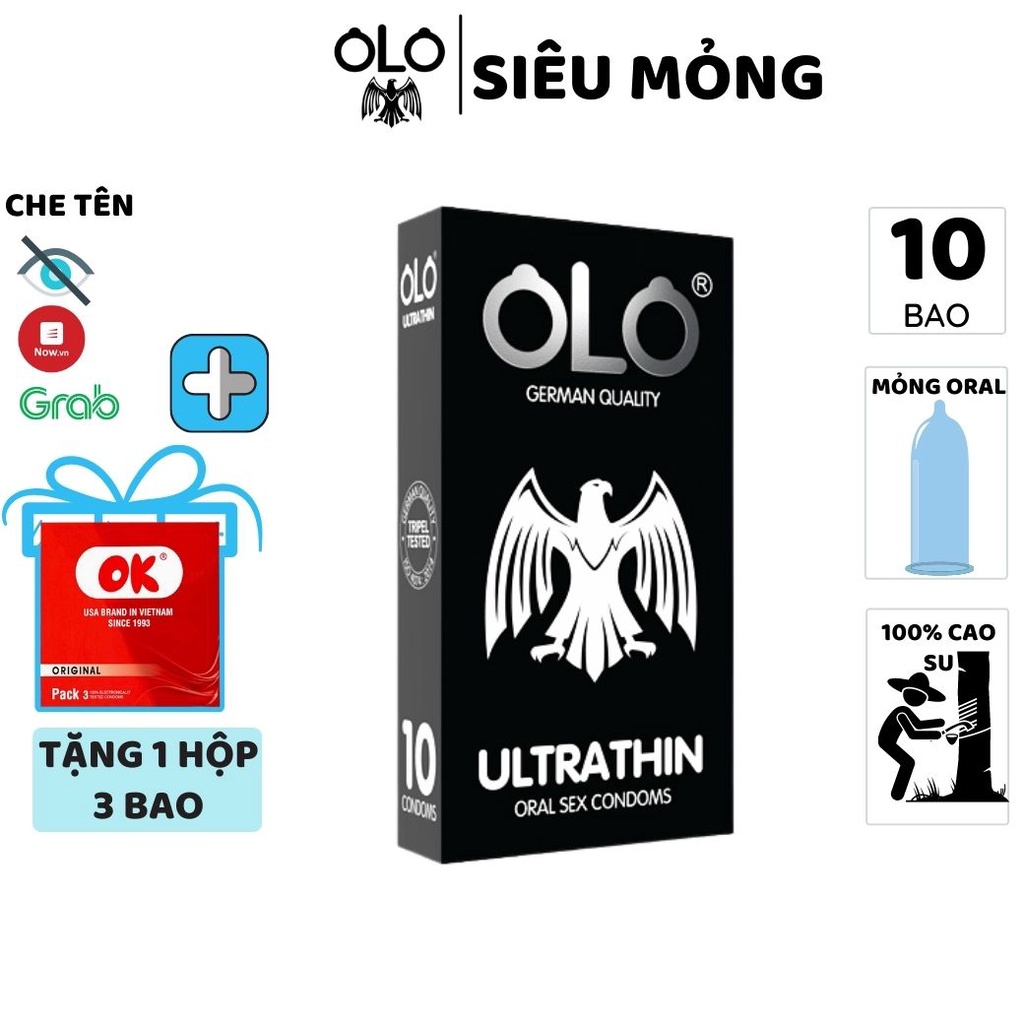 Bao cao su OLO ULTRATHIN ORAL 10 bao/hộp kéo dài thời gian tinh dầu bạc hà siêu mỏng chống tuột