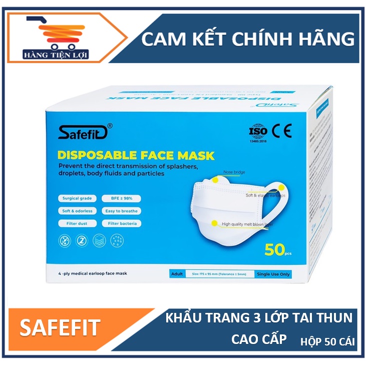 Khẩu trang y tế Safefit 3 lớp - màu trắng - hộp 50 chiếc ( Hàng xuất khẩu chuẩn Châu Âu )