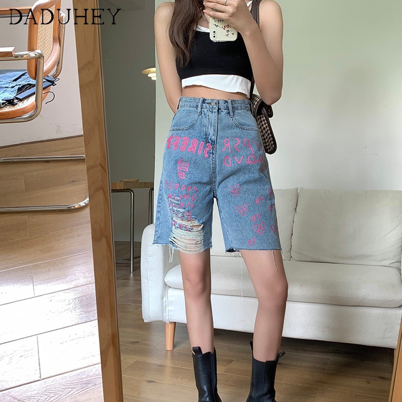 Quần Short Jean Rách Dáng Suông Ống Rộng Lưng Cao Tôn Dáng Thời Trang Xuân Hè Cho Nữ Dưới 100kg