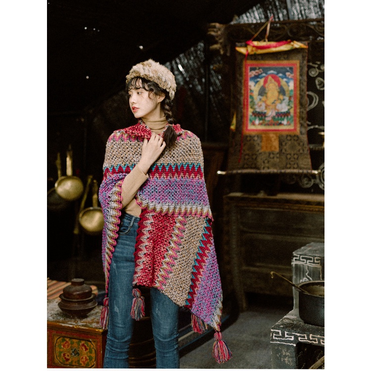 Khăn áo choàng boho thổ cẩm nữ mùa thu đông kiểu khoác ngoài chất len móc dày ấm 106*135cm - AC0201 The Collar Box