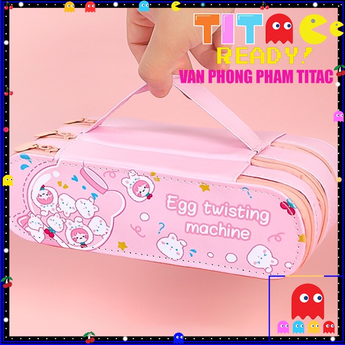 Hộp Bút 3 Ngăn Da PU Đa Năng Hoạt Hình Cute Có Quai Xách - Ngăn Đựng Mỹ Phẩm