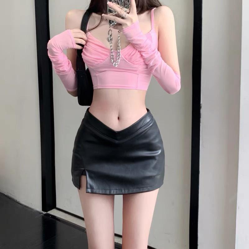 Chân Váy Da Lưng Thấp PINKSTORE29, Dáng Ôm Xẻ Đùi Quyến Rũ C055