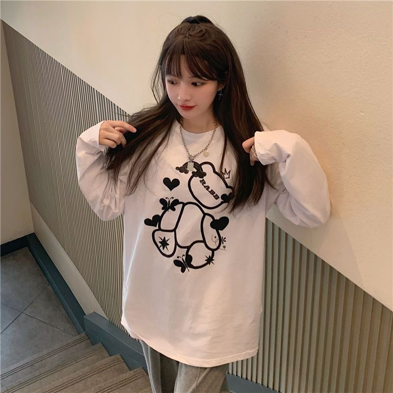 Jiashucheng Áo Thun Tay Dài Cổ Tròn Dáng Rộng In Hình Gấu Dễ Thương Phong Cách Nhật Bản
