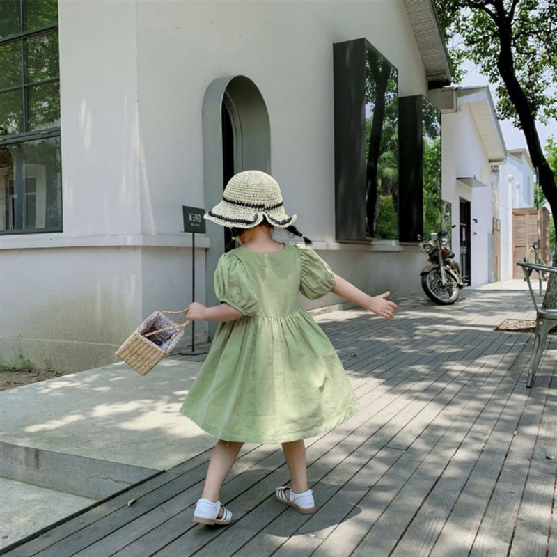 Đầm Cotton Tay Phồng Màu Trơn Cho Bé Gái