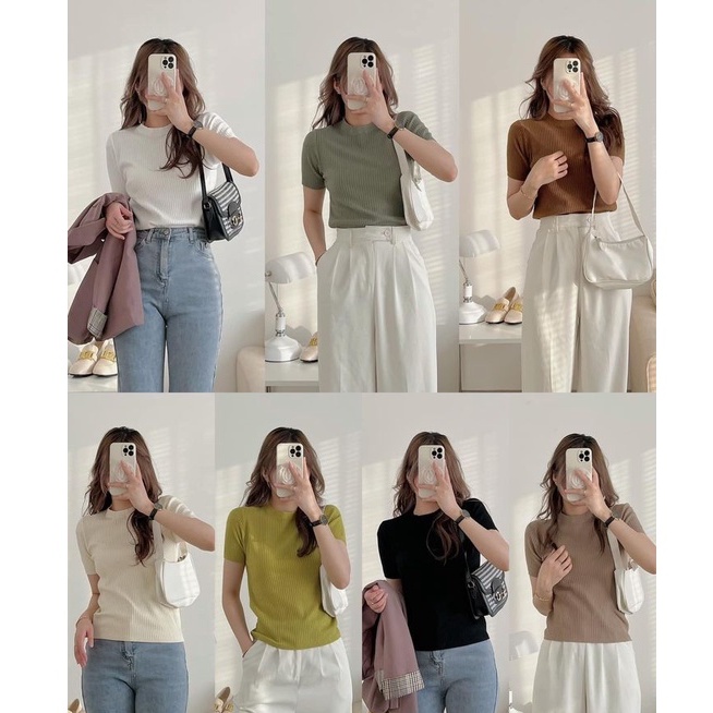 Áo phông nữ cộc tay chất gân tăm co giãn ôm body. Áo thun nữ cộc tay co giãn chất gân tăm đẹp.