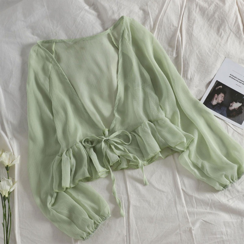 Áo Sơ Mi Chiffon Tay Dài Phồng Cột Dây Trước Dáng Rộng Màu Trơn Dành Cho Nữ