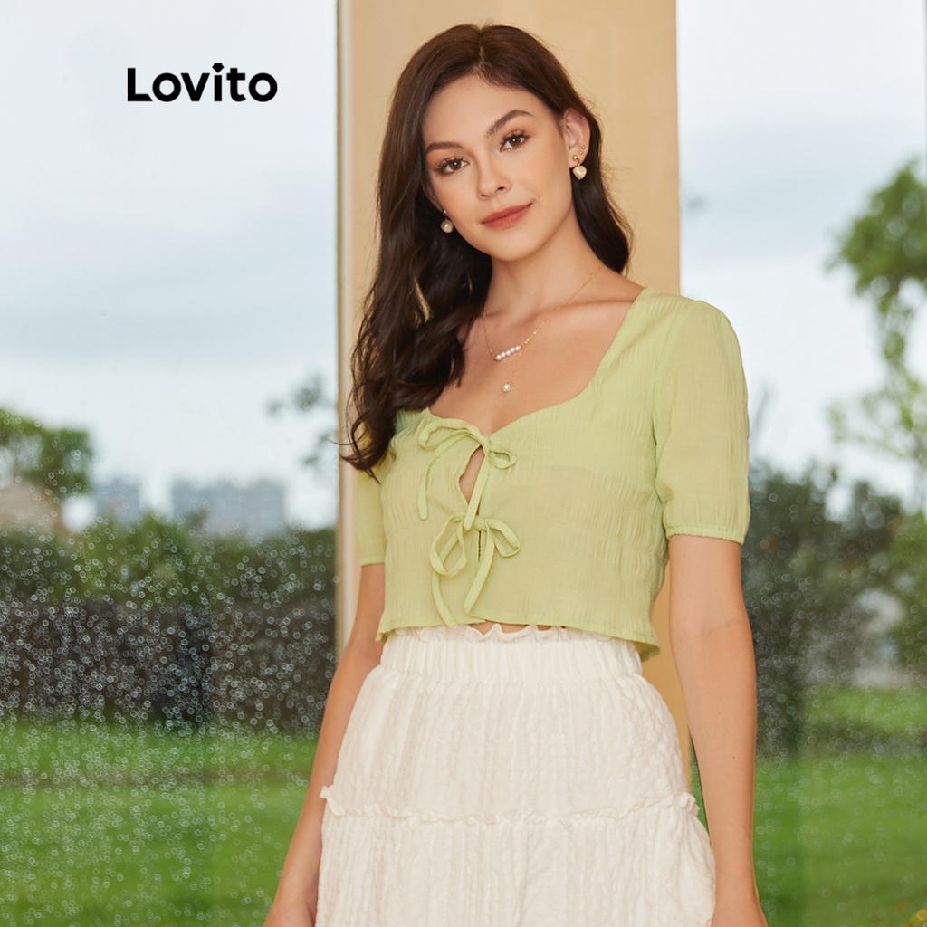 Lovito Boho Áo cánh trơn ren lên người yêu L24ED152 (Xanh lá cây)