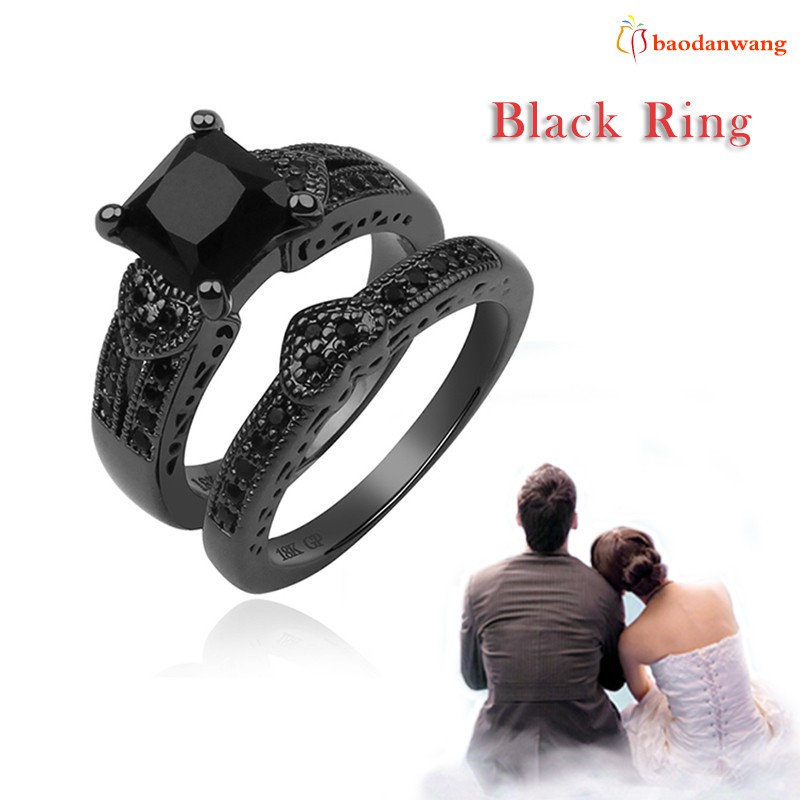 Bộ 2 nhẫn zircon màu đen unisex phụ kiện trang sức dùng làm quà tặng