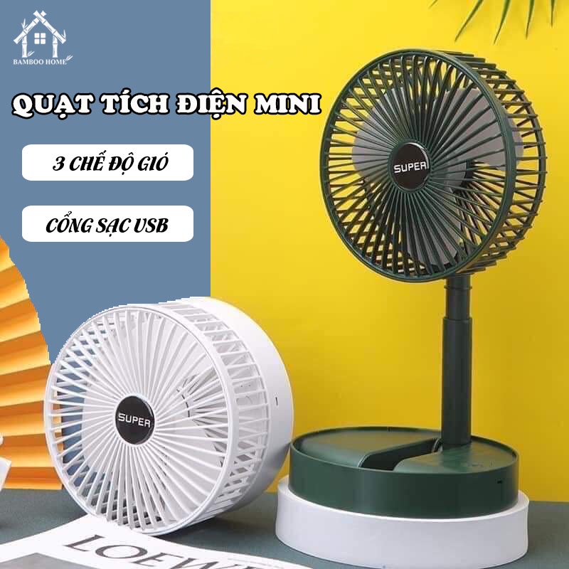 Quạt Tích Điện Mini Cầm Tay Để Bàn Xoay 180 Độ, 3 Tốc Độ Gió, Cổng Sạc USB Bamboo Home