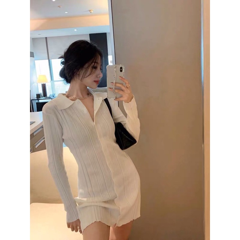 [HÀNG ORDER] Váy polo body tay dài màu trắng dệt kim phong cách Hàn Quốc 2021 AH1021