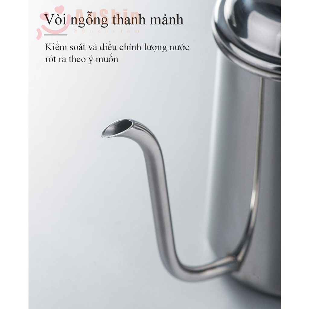 Bình cổ ngỗng pha cafe 650ml Inox 304 cao cấp chính hãng AnShin