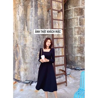 Đầm cổ vuông dài tay dáng xoè
