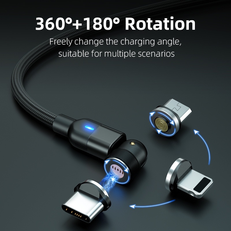 Cáp sạc nhanh AUFU micro usb type C xoay 540 độ dài 1/ 2/ 3m có nam châm cho Android