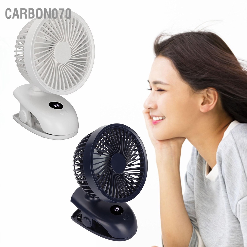 Carbon070 Kẹp để bàn USB trên quạt Màn hình kỹ thuật số thông minh 3 lưỡi Quạt kẹp nhỏ di động với đế chống trượt