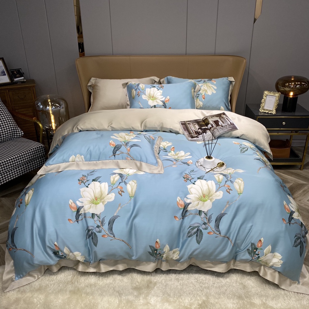 Bộ chăn ga gối cao cấp 100%Tencel 100s, họa tiết Hoa Nhài tây, biểu tượng cho cái đẹp, tình yêu, chất liệu siêu mềm mịn