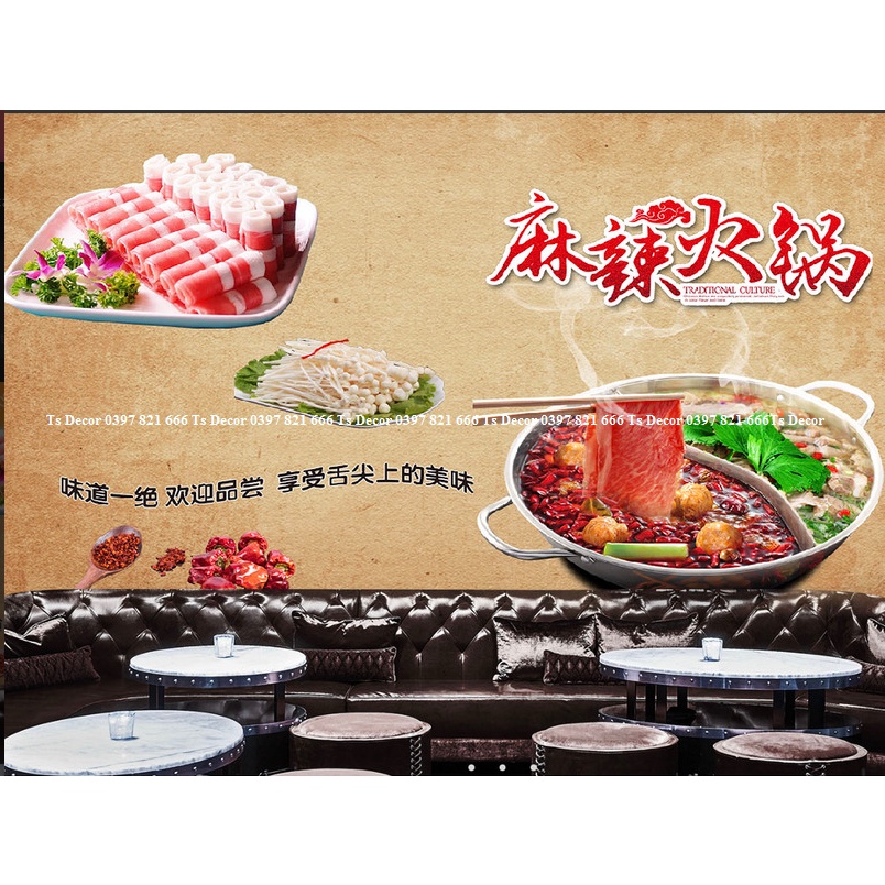 Tranh dán tường vải lụa 3D giành cho Quán Nướng Lẩu miễn Phí chèn tên riêng Quán, chèn chữ và logo theo yêu cầu.