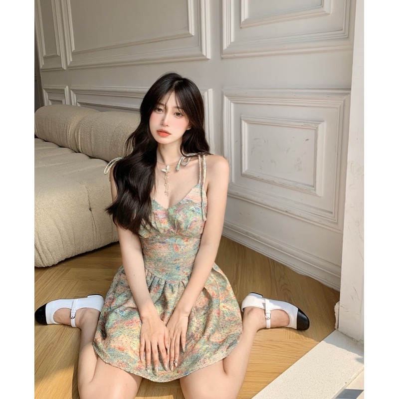Váy Đầm Dự Tiệc 🍊🍊 Váy Đầm Hai Dây Sơn Dầu Sang Chảnh V012