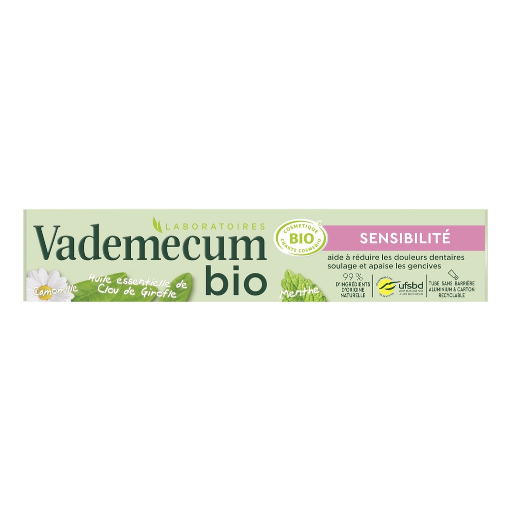 Kem Đánh Răng Organic Pháp VADEMECUM Bio Cho Răng Nhạy Cảm, Làm Dịu Nướu, Giảm Đau Răng (Tuýp 75ml)
