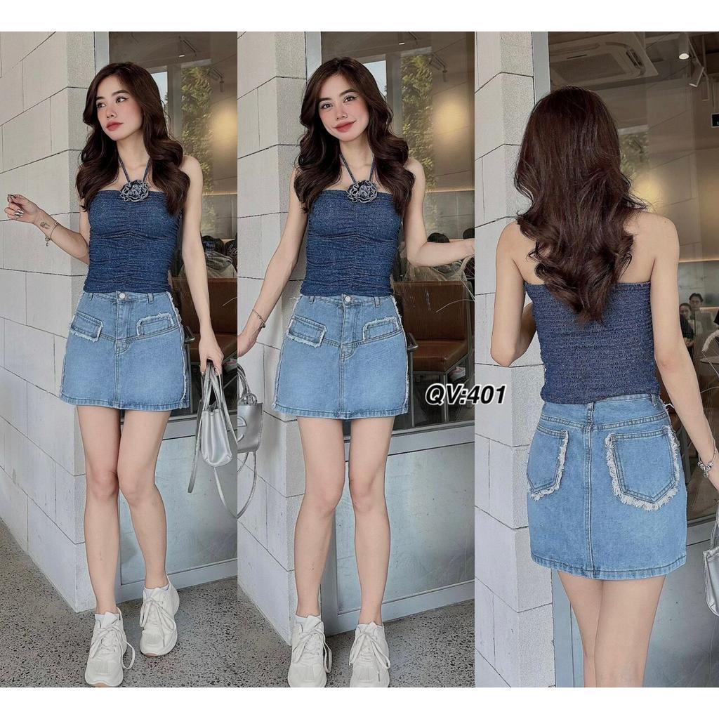 Váy quần jean nữ hàng jean cotton mẫu phối nắp túi lệch mã 401