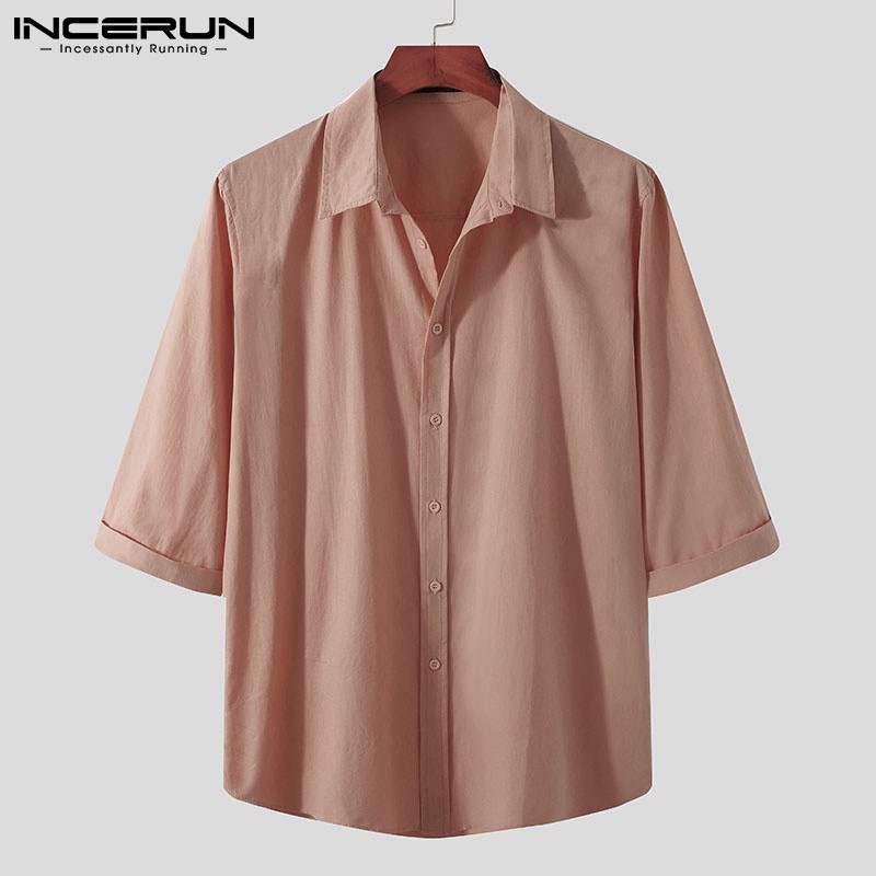 Áo sơ mi INCERUN dáng rộng tay lửng vải cotton màu trơn có khuy gài đơn giản 4 màu tùy chọn cho nam