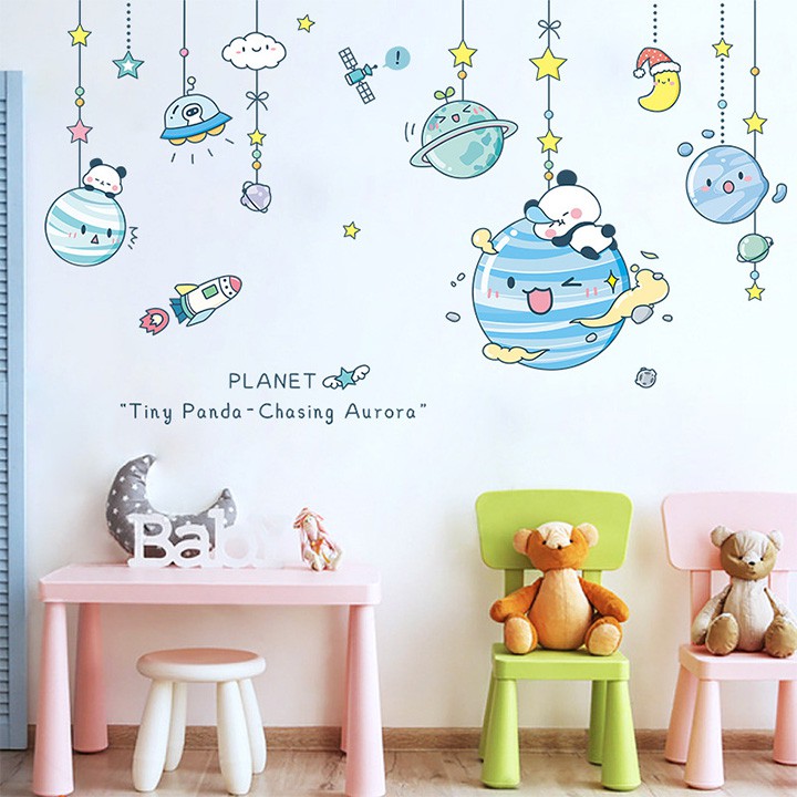 [HÀNG CAO CẤP] Decal dán tường cho bé gấu và hành tinh, tranh dán tường cho bé gấu và hành tinh trang trí phòng ngủ