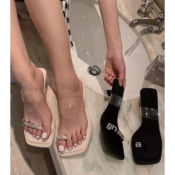 Dép Xỏ Ngón Đế Bằng Mũi Vuông Đính Đá Thời Trang Dành Cho Nữ