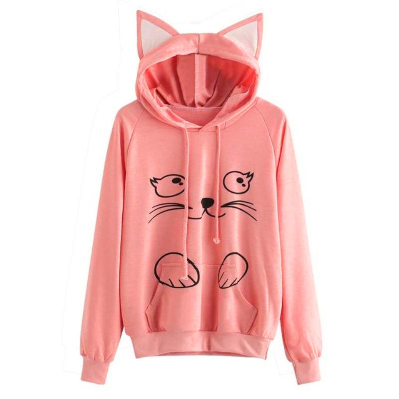 Áo Khoác Hoodie Dáng Rộng Phối Dây Rút Đính Tai Mèo Đáng Yêu Cho Nữ Mùa Thu