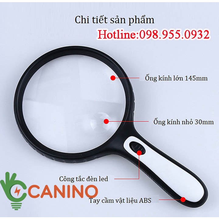 Kính lúp cầm tay phóng đại 5x-10x thấu kính to 145mm có đèn led chiếu sáng hỗ trợ soi vi mạch, đọc báo