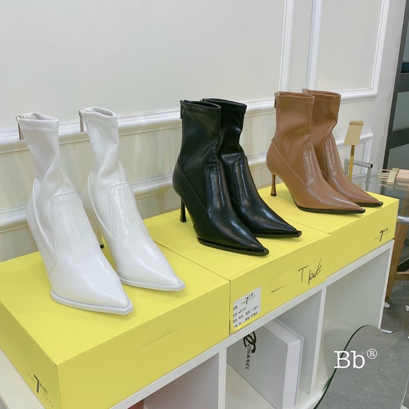 Boots lửng mũi nhọn gót nhọn 7p da thật 3 màu trắng nâu đen cao cấp