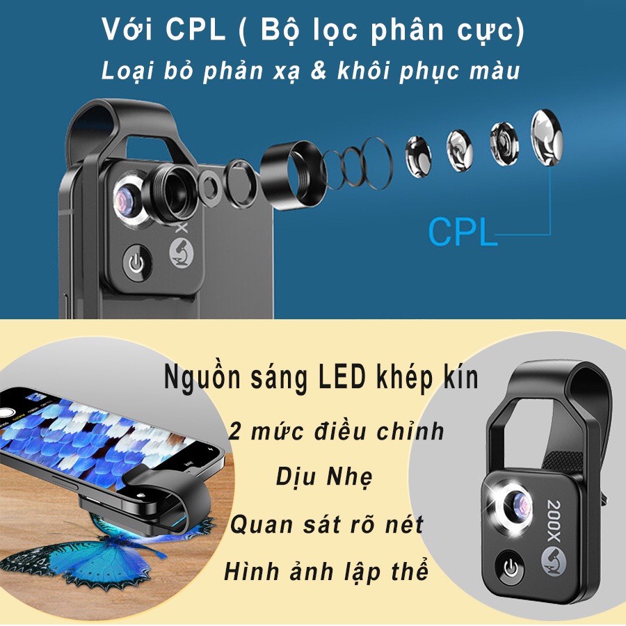 Bộ kính hiển vi phóng đại 200x kẹp điện thoại di động APEXEL Kính lúp dành cho điện thoại có đèn led