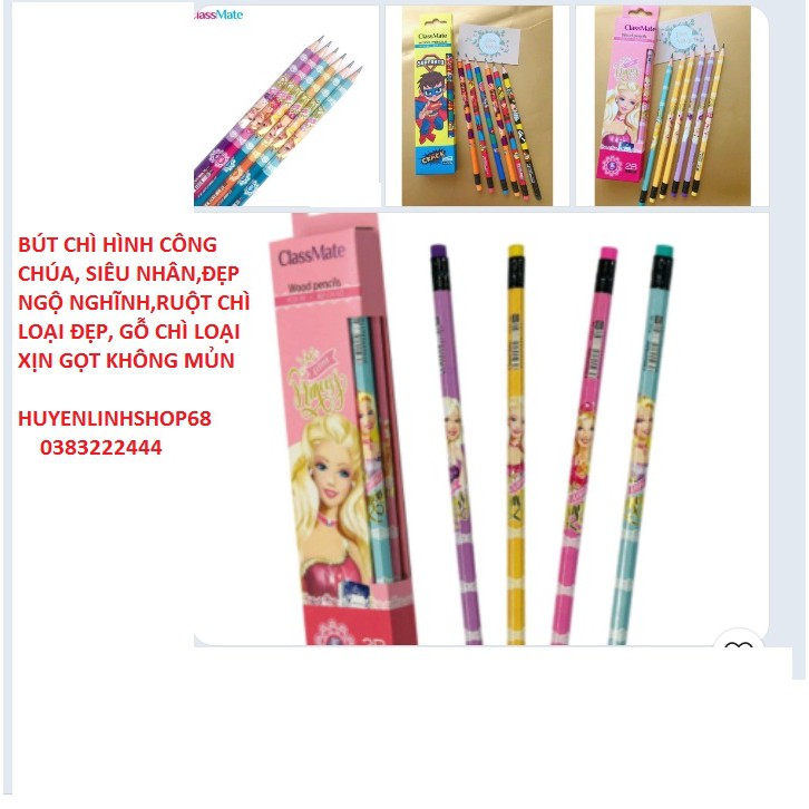 HỘP 12 CHIẾC BÚT CHÌ CLASMATE HÌNH CÔNG CHÚA, SIÊU NHÂN CHẤT CHÌ,GỖ ĐẸP