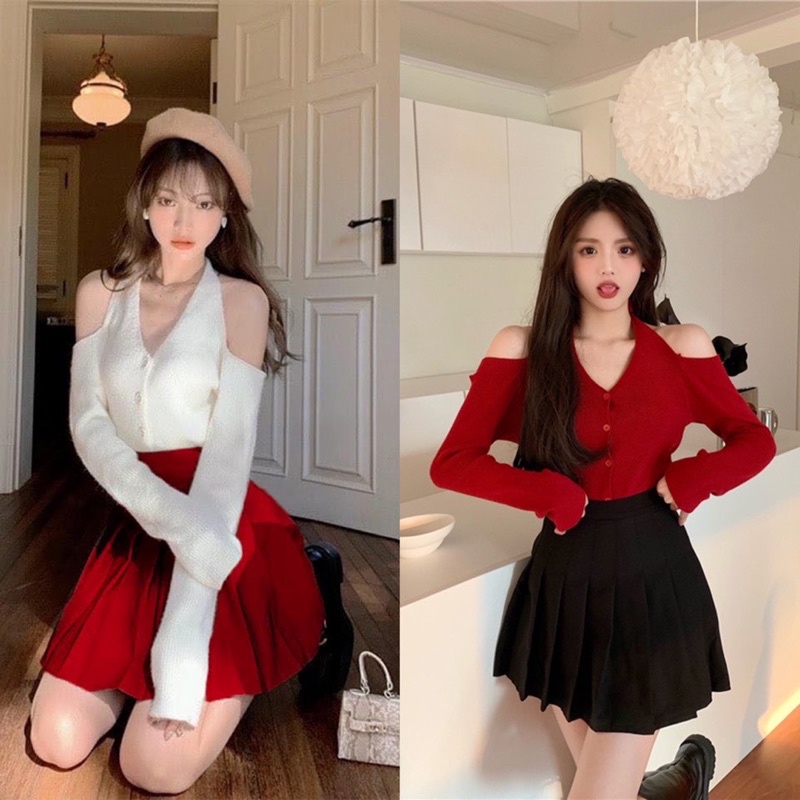 SET ÁO KHOÉT VAI TAY DÀI + CHÂN VÁY XẾP LY