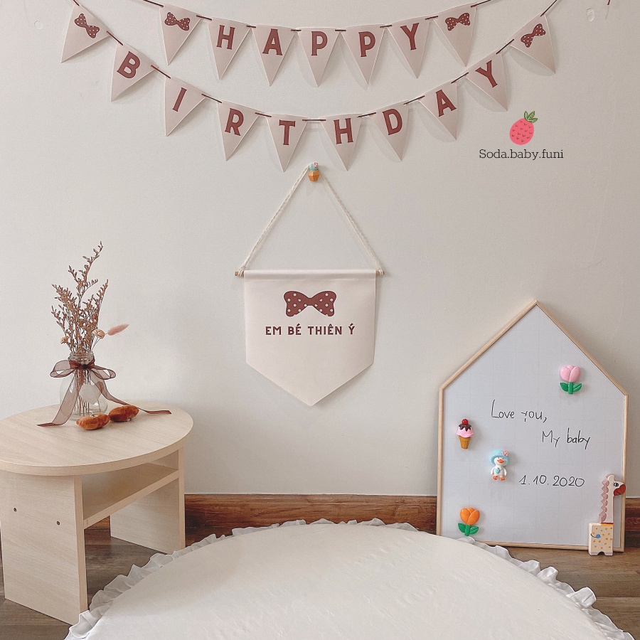 Dây tam giác Happy birthday trang trí sinh nhật theo tên bé phòng tông nâu phong cách hàn quốc dài 140cm