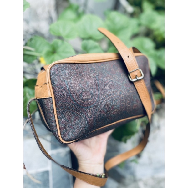 SALE- túi si da thật phối canvas hiệu Ý