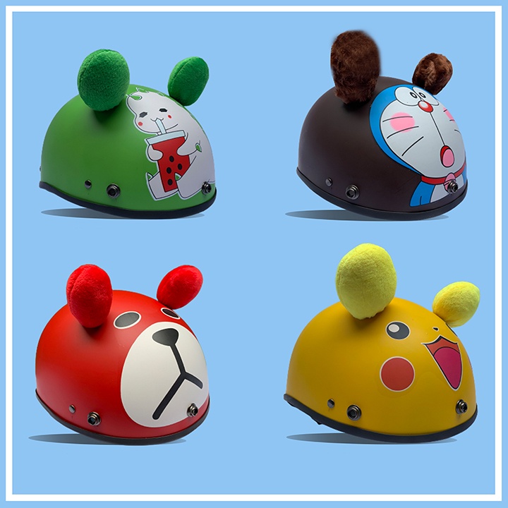 Mũ Nón Bảo Hiểm Nửa Đầu 1/2 Pikachu Kèm Tai Cute và Kính Phi Công - Mũ Nhựa ABS Độ Bền Cao