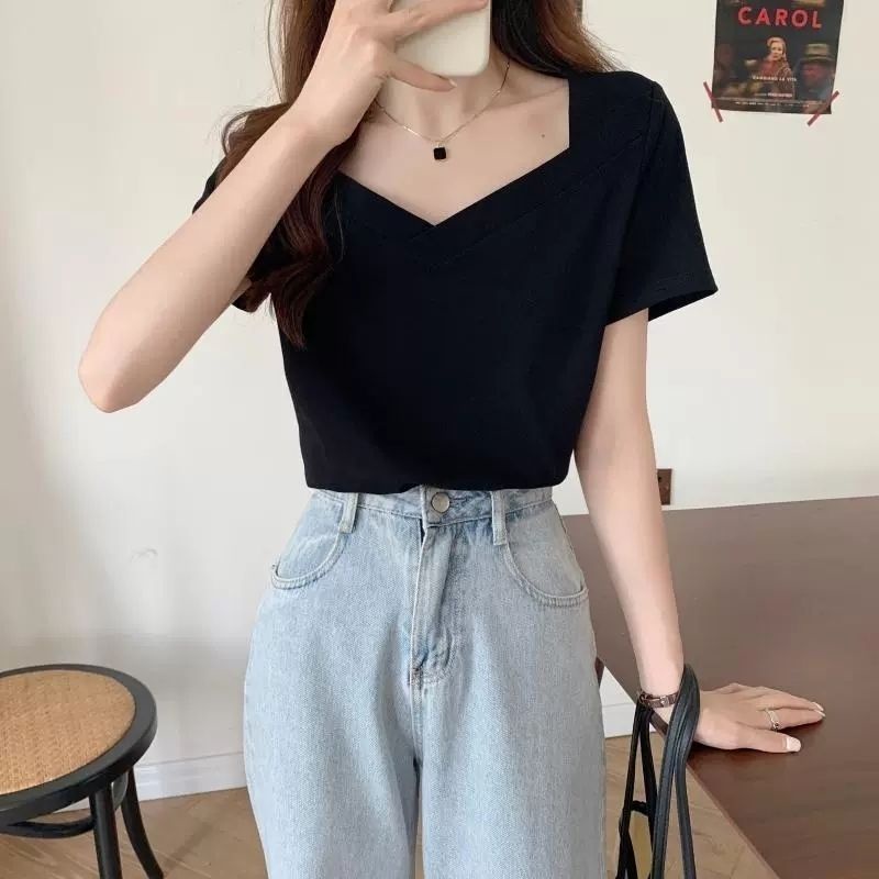 Áo Thun Tay Ngắn Cổ Chữ v Màu Đen Thời Trang Mùa Hè Cho Nữ