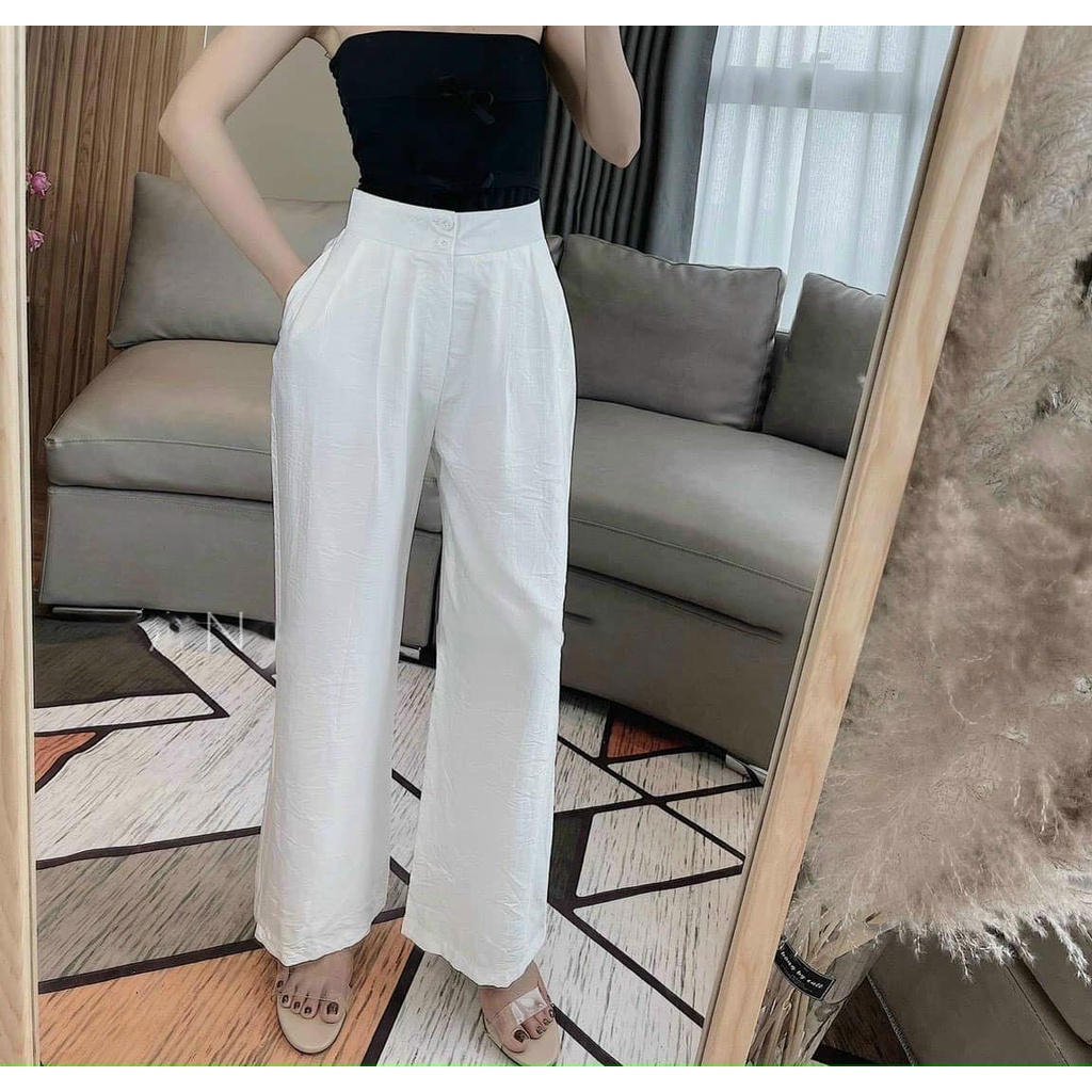Quần Ống Rộng ❤️Freeship❤️ Quần Đũi Suông Dài Nữ Lưng Cao Cạp 2 Khuy Lưng Thun Hàn Quốc D089