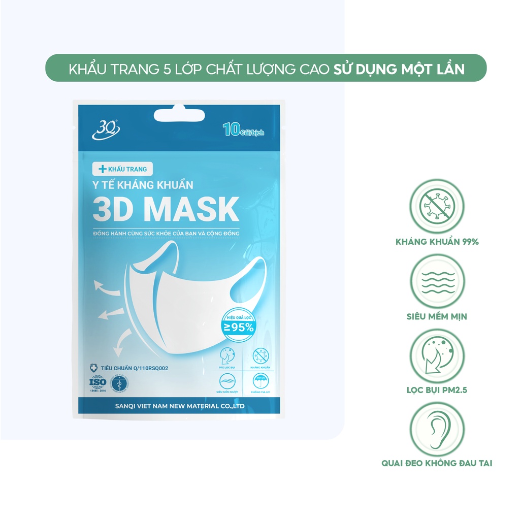 Khẩu trang 3D người lớn 3 lớp kháng khuẩn quai vải thương hiệu 3Q